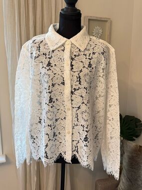 LOFT White Floral Lace Button-Front Blouse Like New